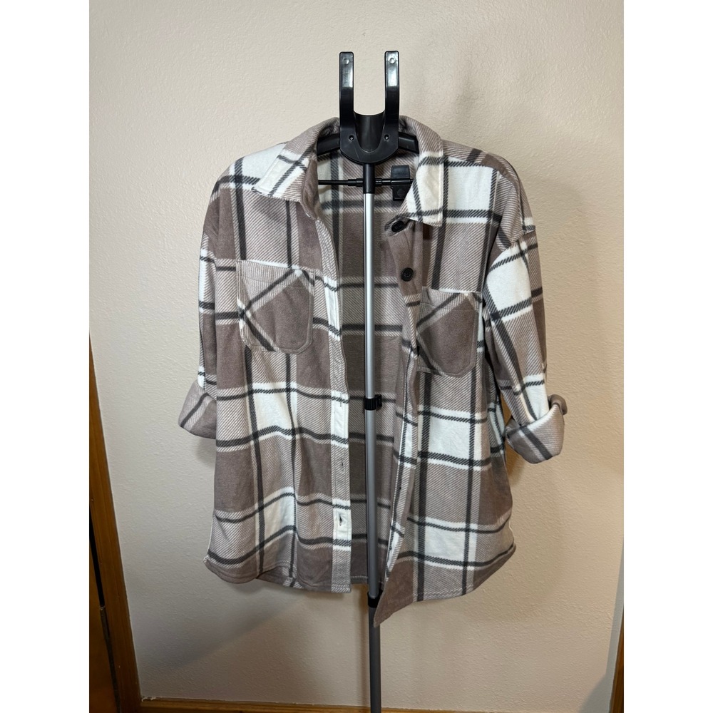 Maurices Plaid Shacket Womens Large Brown Tan Fleece Button Up Shirt Jacket L
